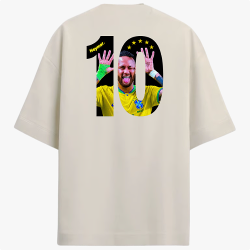 Camiseta com estampa traseira de jogador fazendo gestos com as mãos, dentro do número 10, rodeada por sete estrelas e nome estilizado na parte superior.