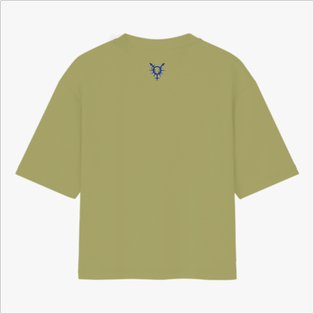 Camiseta com estampa frontal de pássaro estilizado, frases sobre masculinidades, "SÃO TRANSCESTRAIS" e "BRASIL - BAHIA"; estampa traseira de símbolo tribal.