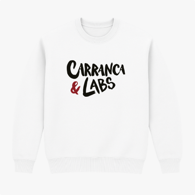 Moletom com estampa frontal de texto estilizado "Carranca & Labs" em fontes bold, destacando-se no centro com grande impacto visual.