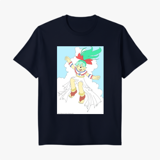 Camiseta com estampa frontal de personagem animado sorridente com cabelos esvoaçantes e laço, em pose dinâmica, cercada por nuvens brancas.