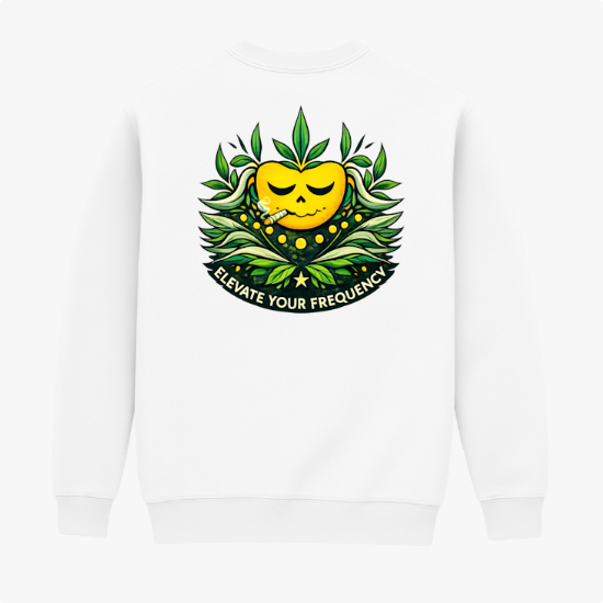 Moletom com estampa frontal de símbolo estilizado e estampa traseira de rosto sorridente rodeado por folhas verdes com texto "Elevate Your Frequency" abaixo.