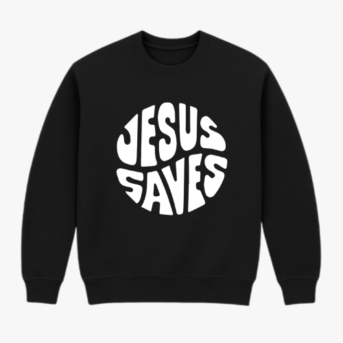 Moletom com estampa frontal de "Jesus Saves" em letras estilizadas formando um círculo.