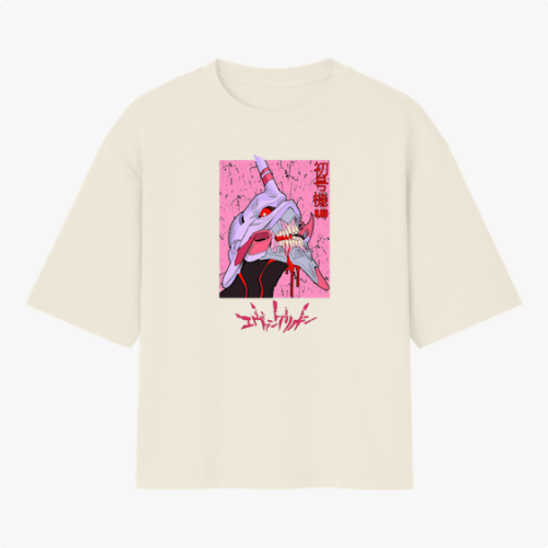 Camiseta com estampa frontal de um robô estilizado em traços de arte japonesa, detalhes futuristas e letras em estilo oriental ao redor.