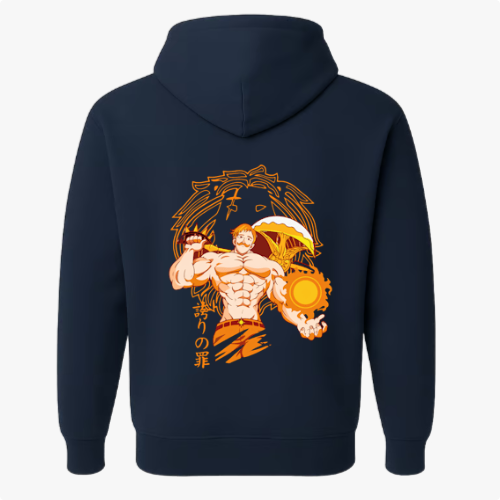 Moletom com estampa traseira de personagem musculoso segurando uma chama e uma espada, cercado por linhas estilizadas e símbolos orientais.