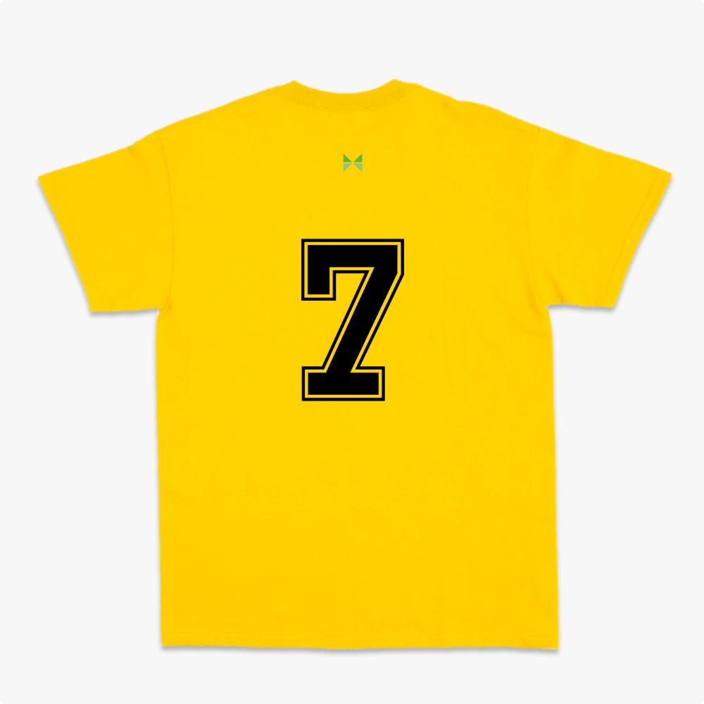 Camiseta com estampa frontal de escudo com a sigla "CBF" e estampa traseira de número grande "6" em estilo tridimensional.