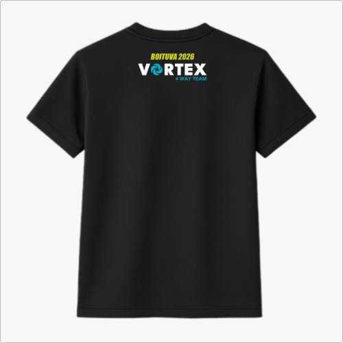 Camiseta com estampa frontal de logo circular estilizado e frase "FEEL THE VORTEX!" e estampa traseira de texto "BOTUVA 2026 VORTEX 4 WAY TEAM".