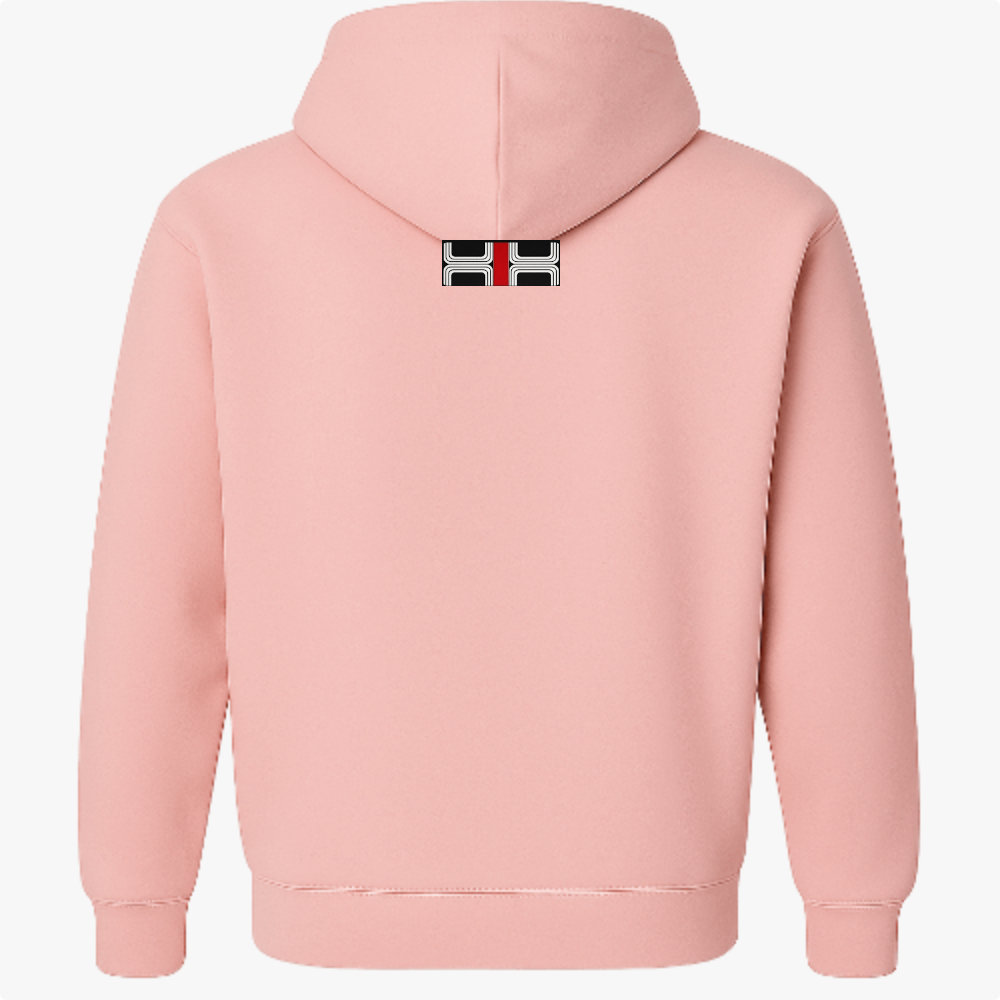 Moletom com estampa frontal de motivo geométrico com linhas curvas, inscrição "Kuarup Xingú" em destaque, e estampa traseira menor de design similar.