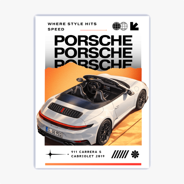 Quadro com estampa frontal de um carro Porsche 911 Carrera S Cabriolet 2019, repetição do nome Porsche, elementos gráficos e ícones estilizados.