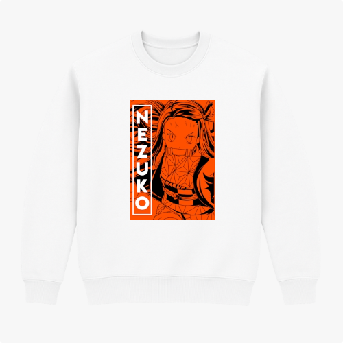 Moletom com estampa frontal de personagem em traços escuros contornados por um retângulo junto ao nome "Nezuko" em letras verticais estilizadas.
