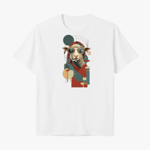 Camiseta com estampa frontal de ovelha estilizada usando óculos de sol, com elementos geométricos sobrepostos, incluindo círculos e retângulos diversos.