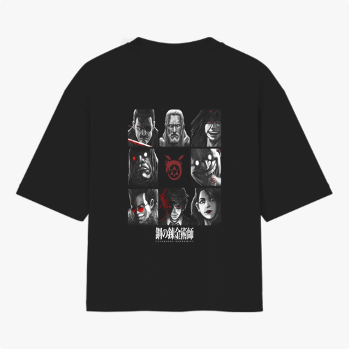 Camiseta com estampa frontal de círculo com dragão e símbolo geométrico, e estampa traseira de nove personagens em preto e branco com detalhes vermelhos.