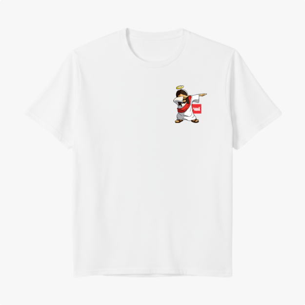 Camiseta com estampa frontal de pinguim dabbing vestido como anjo, usando auréola e segurando uma sacola vermelha com a palavra "angel".