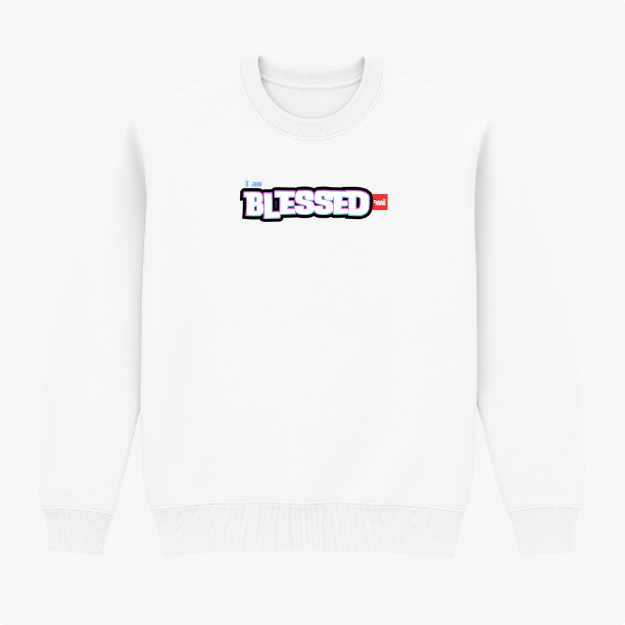 Moletom com estampa frontal de texto em destaque "I am BLESSED" com efeito de sombra, complementado por um detalhe retangular menor ao lado direito.