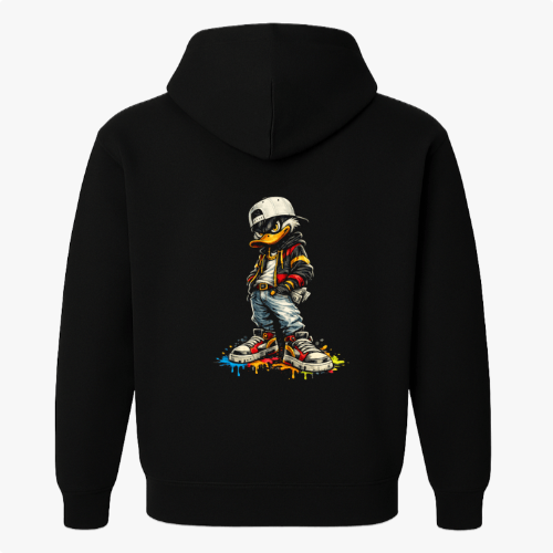 Moletom com estampa frontal de pássaro estilizado com boné e jaqueta e estampa traseira ampliada do mesmo pássaro de boné, jaqueta e tênis coloridos.