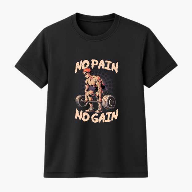 Camiseta com estampa frontal de uma figura masculina levantando pesos, cercada pelas frases "No Pain" acima e "No Gain" abaixo da imagem.