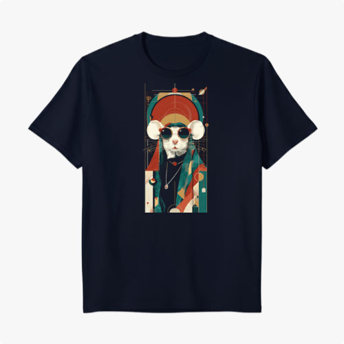 Camiseta com estampa frontal de um gato estilizado em trajes geométricos e óculos, com um fundo abstrato repleto de formas e elementos decorativos.