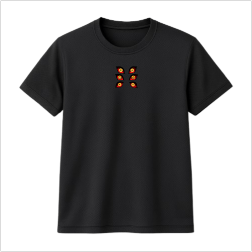 Camiseta com estampa frontal de seis olhos estilizados, dispostos em três pares verticais, cada um com detalhes chamativos no centro e bordas marcantes.
