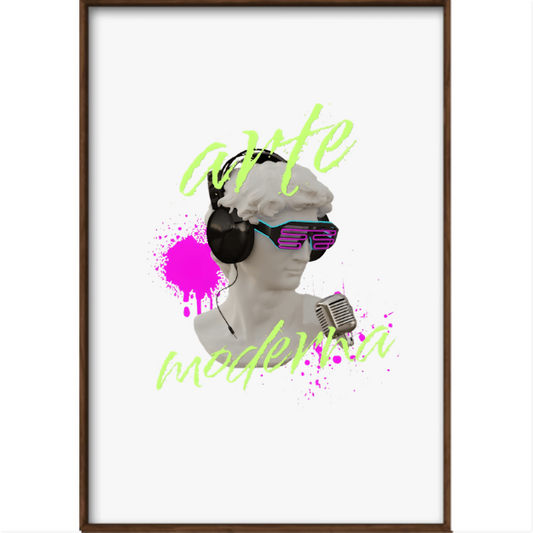 Quadro com estampa frontal de busto clássico usando fones de ouvido e óculos modernos, acompanhado de microfone, respingos de tinta e texto "arte moderna".