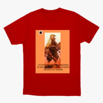 Camiseta com estampa frontal de personagem estilizado ao lado de texto impactante, apresentando uma cena potente emoldurada em um retângulo preto.