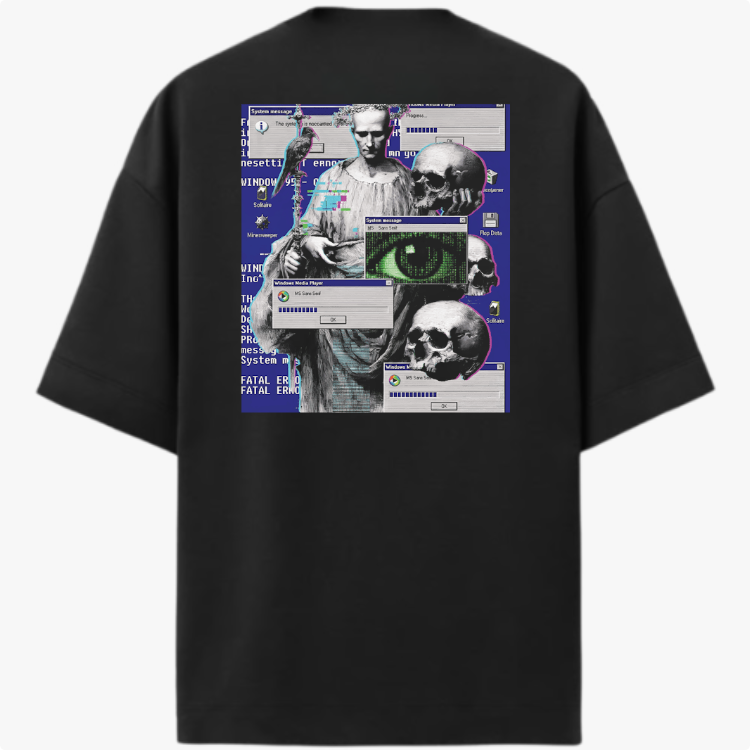 Moletom com estampa traseira de montagem digital composta por estátua clássica, crânios, olho pixelado e janelas de erro, sobre fundo de código azul.