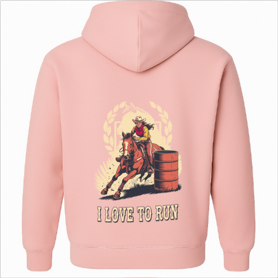 Moletom com estampa frontal de cavalo estilizado e plantas circundantes, e estampa traseira de cowboy em cavalo, contornado por louros, com barril e a frase "I LOVE TO RUN".