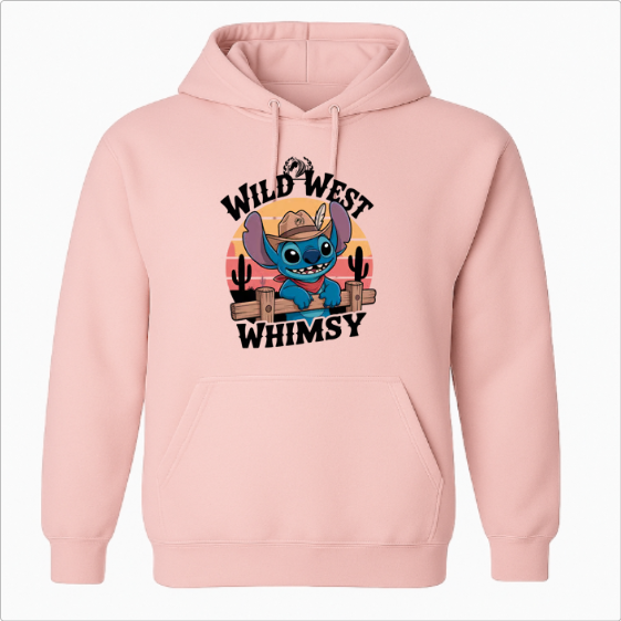 Moletom com estampa frontal de personagem azul com chapéu de cowboy, cercado por cactos e um pôr do sol ao fundo, acompanhado das palavras "Wild West Whimsy".
