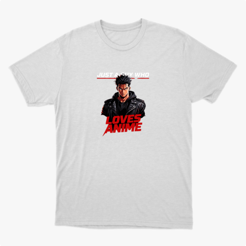 Camiseta com estampa frontal de personagem masculino estilizado usando jaqueta e texto "Just A Guy Who Loves Anime" em destaque.