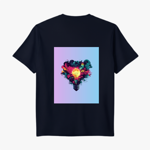 Camiseta com estampa frontal de retângulo gradiente e estampa traseira de lâmpada rodeada por explosão de cores vibrantes em fundo gradiente.