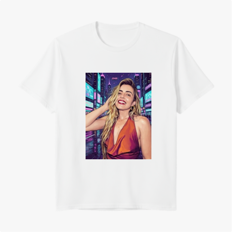 Camiseta com estampa frontal de retrato feminino estilizado, destacando sorriso e vestido elegante, com fundo de cidade iluminada por painéis digitais.