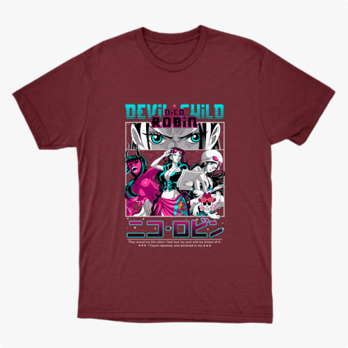 Camiseta com estampa frontal de personagem estilo mangá, com destaque para o olhar intenso acima de várias poses e figuras em ação, acompanhada por texto estilizado.