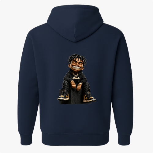 Moletom com estampa frontal de letras "AB" estilizadas com coroa e estampa traseira de personagem sorridente, vestido de preto, com cabelo trançado.