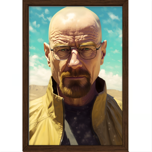 Quadro com estampa frontal de uma ilustração realista de um homem careca com óculos, expressão séria, usando jaqueta, contra céu azul com nuvens.