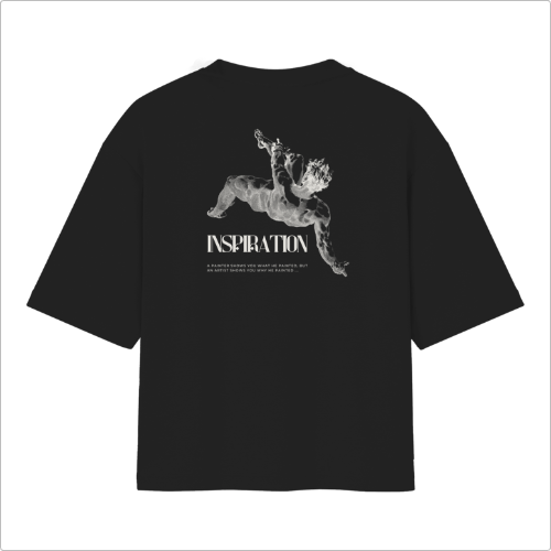 Camiseta com estampa frontal de "youdraw" e estampa traseira de figura humana em movimento com a palavra "INSPIRATION" e texto adicional embaixo.