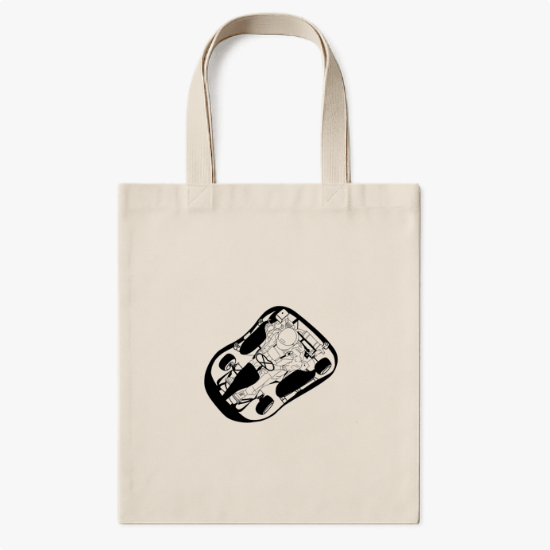 Ecobag com estampa frontal de astronauta flutuando dentro de uma cápsula espacial, rodeado por instrumentos, em um design estilizado e moderno.