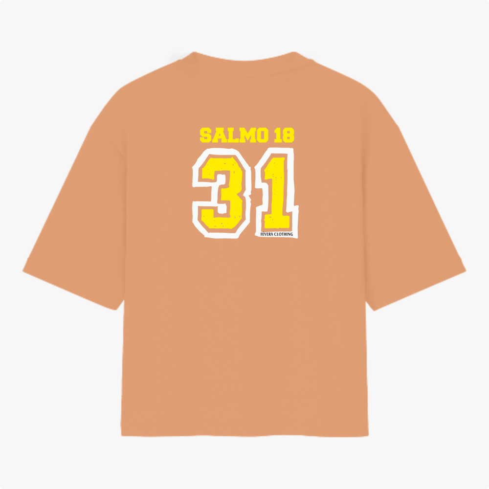 Camiseta com estampa frontal de "SALMO 18" e número "31" em estilo esportivo e estampa traseira idêntica, com lettering e numeração destacados.