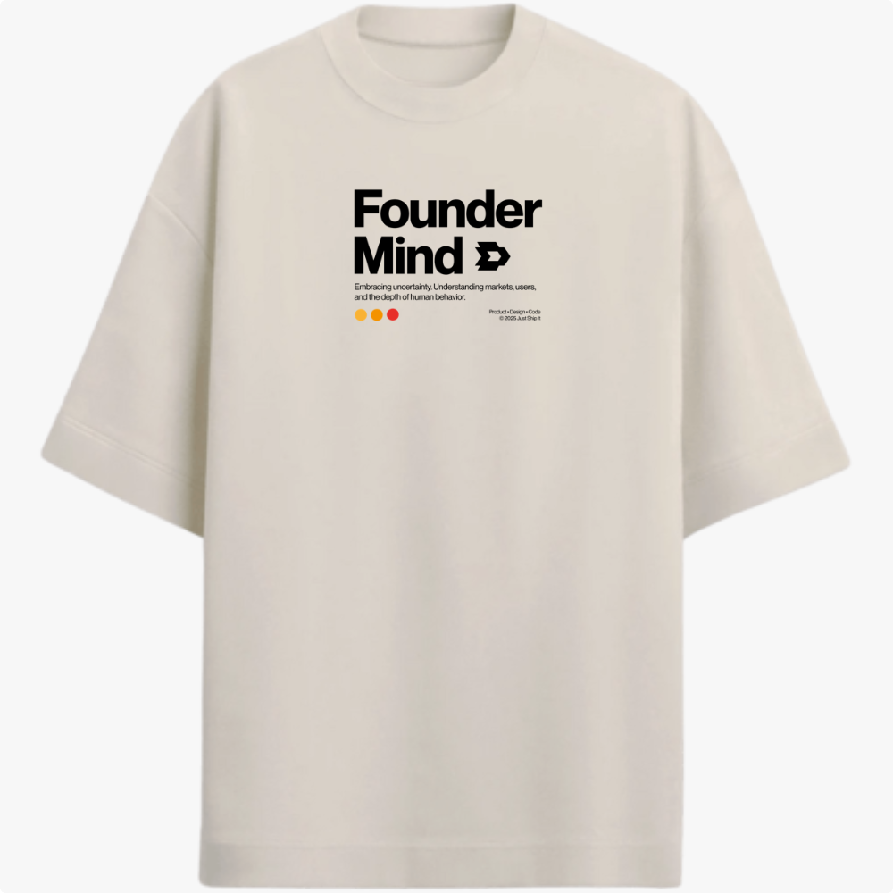 Camiseta com estampa frontal de texto "Founder Mind" seguido por mensagem motivacional e ícones circulares em sequência logo abaixo.