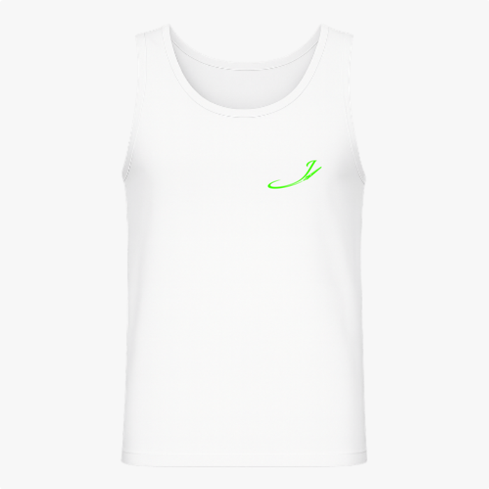 Camiseta regata com estampa frontal de uma letra estilizada curva em um tom vibrante, localizada discretamente no lado superior esquerdo do peito.