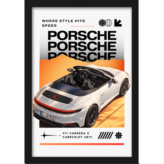 Quadro com estampa frontal de carro conversível com três logos "Porsche" sobrepostos, fundo degrade e texto "911 Carrera S Cabriolet 2019".