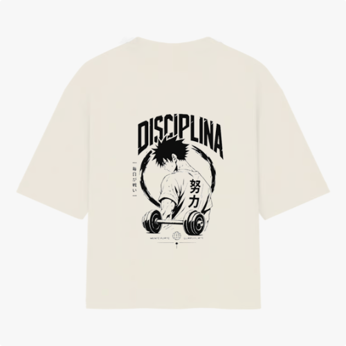 Moletom com estampa frontal de personagem musculoso levantando pesos grandes, cercado por detalhes abstratos e a palavra "DISCIPLINA" em destaque acima.