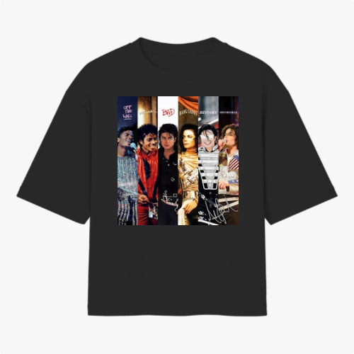 Camiseta com estampa frontal de montagem composta por diversas imagens lado a lado de um cantor famoso em diferentes trajes e estilos clássicos.