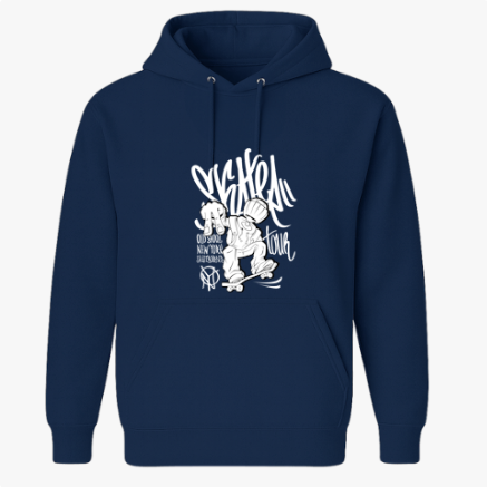 Moletom com estampa frontal de skatista desenhado ao estilo grafite, cercado por letras estilizadas e elementos urbanos.