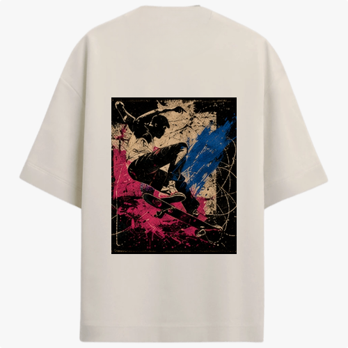 Camiseta com estampa frontal de símbolo geométrico simples no peito e estampa traseira de skatista em ação com efeito gráfico de tinta em respingos.