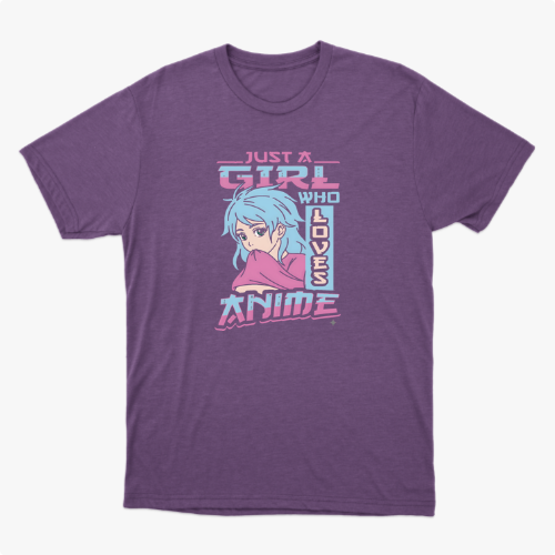 Camiseta com estampa frontal de ilustração de garota de cabelo azul e textos estilizados “Just a girl who loves anime” em fonte desenhada e moderna.