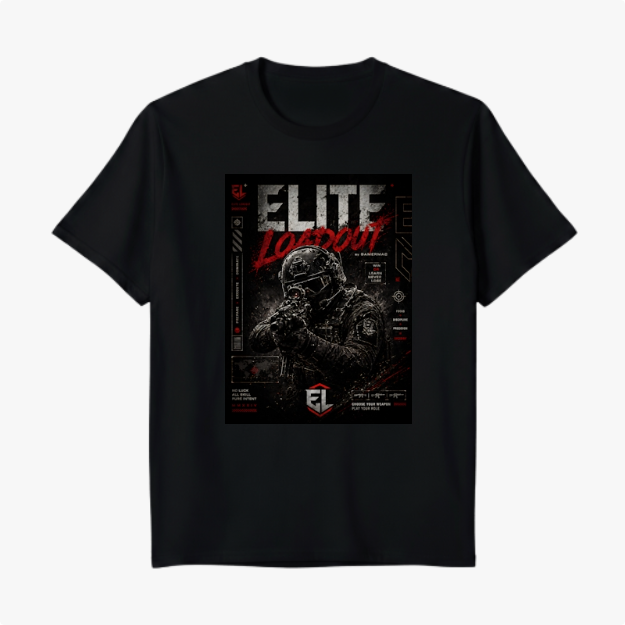 Camiseta com estampa frontal de soldado usando uniforme tático detalhado, com a inscrição "Elite Loadout" em destaque e ícones técnicos ao redor.