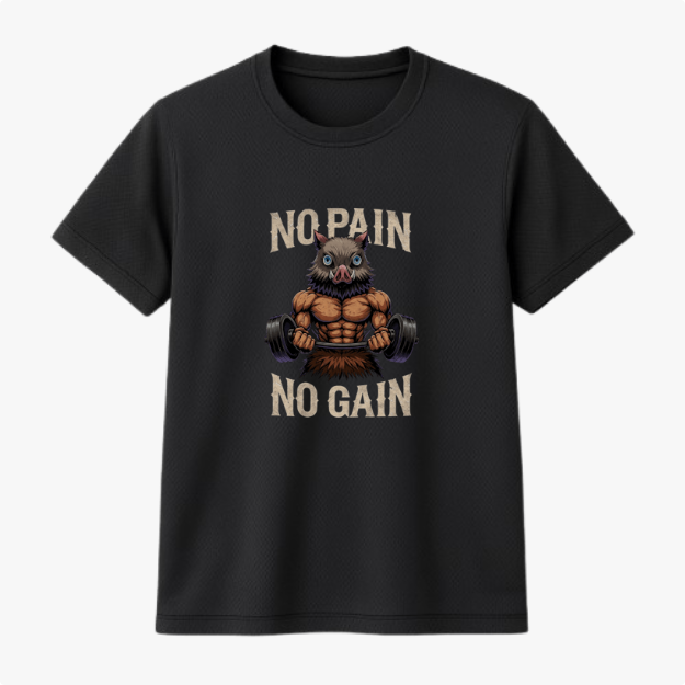 Camiseta com estampa frontal de uma figura musculosa com cabeça de coruja levantando halteres, acompanhada das palavras "No Pain No Gain".
