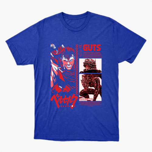 Camiseta com estampa frontal de personagem de mangá em posição dinâmica com espada, cercado por detalhes, textos estilizados e ilustrações adicionais.