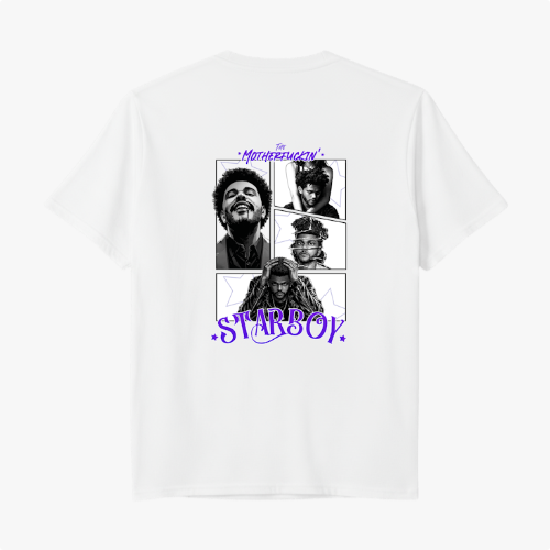 Camiseta com estampa frontal de três estrelas sobrepostas de tamanhos variados e estampa traseira de colagem fotográfica artística com texto "Starboy".