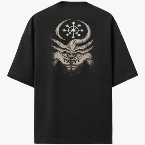 Camiseta com estampa frontal de emblema circular detalhado e estampa traseira de criatura mitológica com tentáculos envolventes e símbolo místico acima.