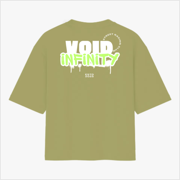 Camiseta com estampa traseira de "VOID INFINITY" com efeito de tinta escorrendo, acompanhada por "STREET RACING CLUB" em arco e "ESTD 2023" abaixo.