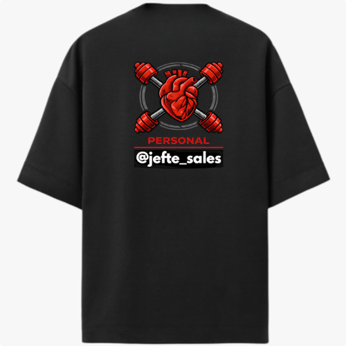 Camiseta com estampa frontal de coração entre halteres com "PERSONAL @jefte_sales" e estampa traseira ampliada do mesmo design detalhado.